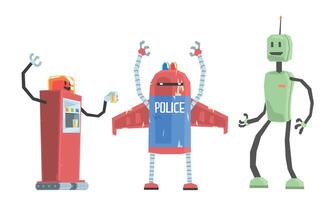 Set of old scratched robots. illustration. vector