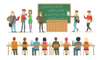 Students in the classroom communicate and study. illustration. vector