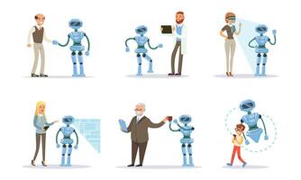 People remotely control the robot. illustration. vector