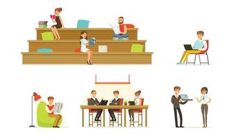 People read books, documents and work on a laptop. illustration. vector