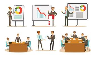 People at the presentation show different graphs. illustration. vector