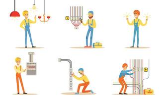 Electrician in uniform next to many wires. illustration. vector