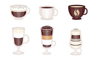 Different types of coffee in mugs and glasses. illustration. vector
