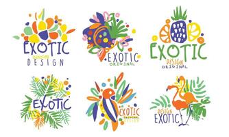 Set of logos with exotic fruits and birds. illustration. vector