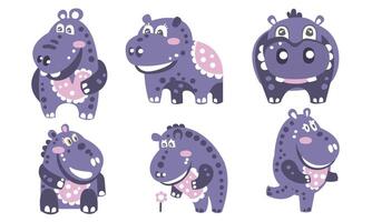 Set of cartoon purple hippos with a pattern. illustration. vector