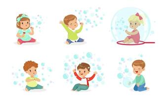 Toddlers play with soap bubbles. illustration. vector