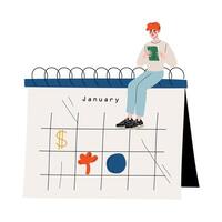 Small Man Sitting on a Big Calendar Planning and Scheduling Important Events, Time Management and Business Planning Illustration vector