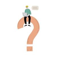 Young Man Sitting on a Big Question Mark with Laptop, Person Chatting, Making a Choice or Seeking Solution to a Problem Illustration vector