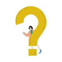 Girl Standing Next to a Big Question Mark, Young Woman Doubting, Making a Choice or Seeking Solution to a Problem Illustration vector