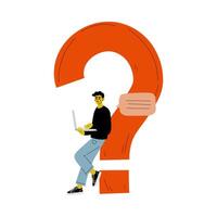 Young Man Standing Next to a Big Question Mark with Laptop, Businessman Doubting, Making a Choice or Seeking Solution to a Problem Illustration vector
