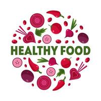 Healthy Food Banner Template of Round Shape with Red Ripe Vegetables and Berries Illustration vector