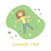 Girl Lying on Green Grass in Park and Relaxing, Person Enjoying Beautiful Nature, Summer Time Illustration vector