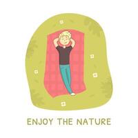 Enjoy the Nature, Guy Lying on Green Grass in Park and Relaxing Illustration vector