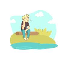 Guy Sitting on a Log Near the Pond, Person Enjoying Beautiful Nature Illustration vector