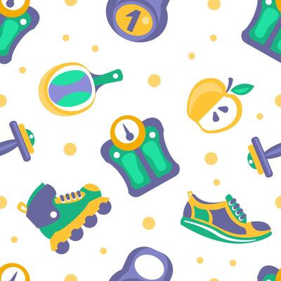 Healthy Lifestyle Seamless Pattern, Sports Equipment, Design Element Can Be Used Fabric Wrapping Paper, Website Wallpapers Illustration