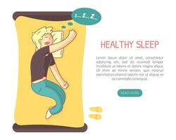 Healthy Sleep Landing Page Template with Space For Text, Boy Sleeping in His Bed Illustration vector