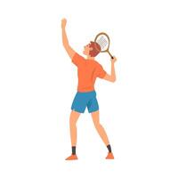 Tennis Player with Tennis Racket, Athlete Character in Uniform Taking Part in Competition, View From Behind Illustration vector