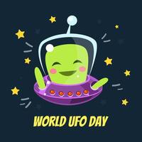 World UFO Day Banner Template with Cute Funny Alien in Spaceship Illustration vector