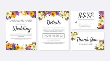 Wedding Invitation Template Set, Thank You, Rsvp Elegant Card with Beautiful Flowers and Space for Text Illustration vector