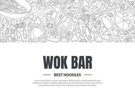 Work Bar, Best Noodles Banner Template, Asian Cuisine Design Element Can Be Used for Menu, Cafe, Restaurant, Bar or Food Festival Monochrome Hand Drawn Illustration vector