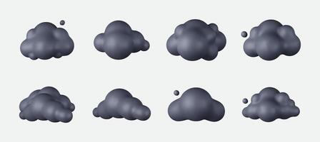 3D Cartoon clouds in dark. Soft, Puffy Cumulus Shapes in a Fun Style. Dark, Round, and Smooth Render Elements, Perfect for Weather Icons, Cloud Scenes, and Cute Meteorology Graphics. vector