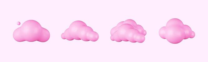 3D Cartoon clouds in pink. Soft, Puffy Cumulus Shapes in a Fun Style. Pink, Round, and Smooth Render Elements, Perfect for Weather Icons, Cloud Scenes, and Cute Meteorology Graphics. vector