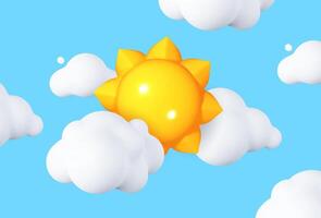 3D Sun and Clouds Weather Icon. Bright Sunny Sky with Fluffy White Clouds. vector