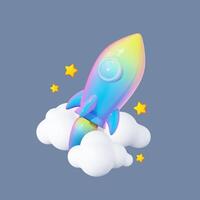 3D Cartoon Space Rocket Illustration. Playful Spaceship with Flames, Stars, and Clouds. Symbolizing Business Launch, Education, and Financial Growth. Fun and Minimalist 3D Render. vector