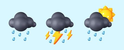 Collection of 3D Weather Icons. Realistic Black Clouds with Lightning, Rain, and Sun. vector