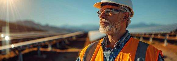 A man in a hard hat and safety vest standing in front of solar panels photo