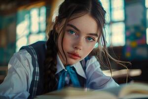 A young girl in a school uniform is reading a book photo