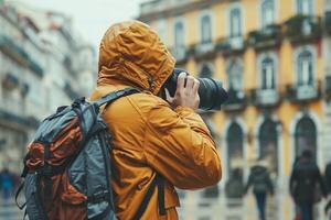 A man in a yellow rain jacket taking a picture with a camera photo
