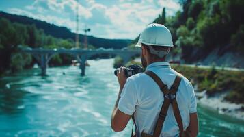A man in a hard hat and overalls is taking a picture of a river photo