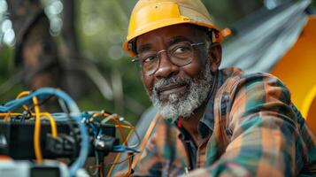 An older man wearing a hard hat and glasses photo