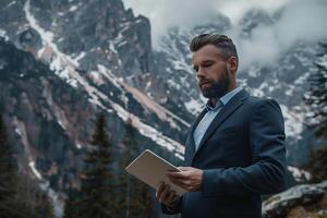 A man in a suit is standing in front of a mountain with a tablet photo