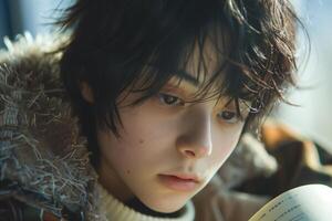 A young boy with dark hair reading a book photo