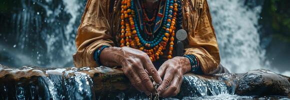 A person wearing a traditional native outfit is sitting on a log next to a waterfall photo