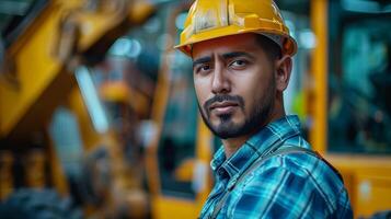 A man in a hard hat standing in front of a construction machine photo