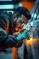A man in a protective suit working on a car photo