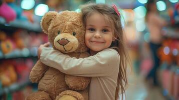 A little girl hugging a teddy bear in a store photo