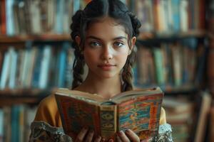 A young girl is holding an open book photo