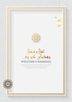 Ramadan Kareem white luxury Islamic greeting card with Arabic style pattern and border frame vector
