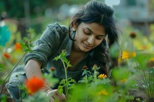 A woman in a green shirt is picking flowers photo