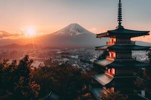 Japanese pagoda in the sunset with mount fuji in the background photo
