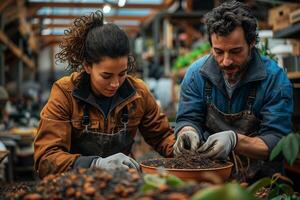 A man and woman working in a garden photo