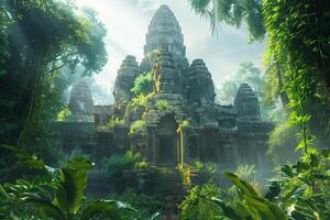 Ancient temple in the jungle with trees and plants photo