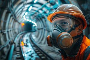 A man wearing a gas mask in an underground tunnel photo