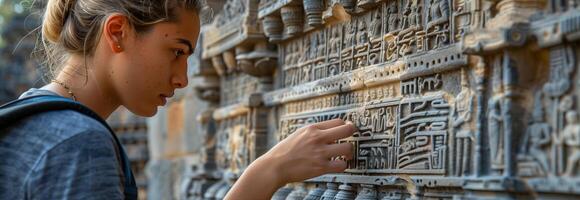 A woman is writing on a wall with an ancient script photo