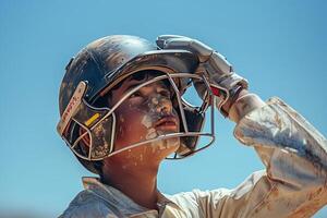 A young boy wearing a helmet and holding a bat photo