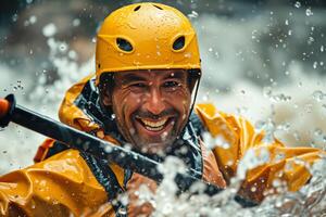 A man in a yellow rain jacket is smiling while he is on a raft photo